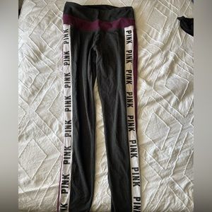 Victoria's Secret PINK -  Yoga Flat Leggings Dark Gray Burgundy Logo Stripe